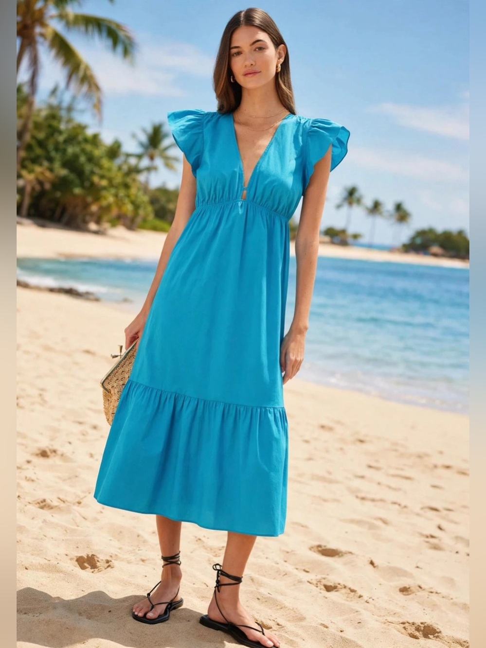 Rails Women's V-Neck Ruffle Sleeve Midi Dress in Turquoise size XL.